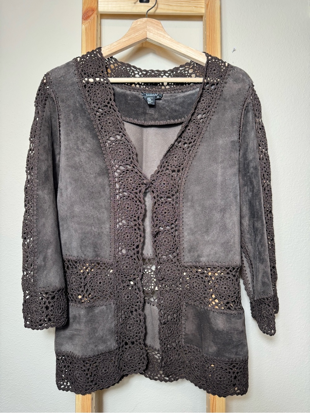 Doncaster Collection Vintage Suede Crochet Knit Jacket Open Front  Brown M